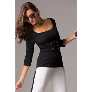 Boston Proper Top Black Corset Waist 3/4 Sleeve